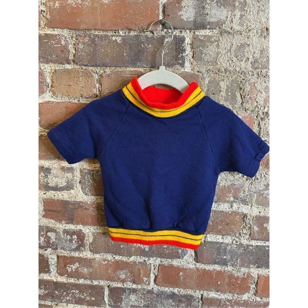 Vintage 70s Rare Penneys-Toddle Time Blue/Red/Yellow Short Sleeve Knit Sweater S